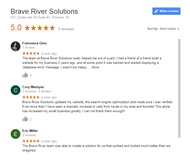 Customer Reviews on Google of Brave River Solutions