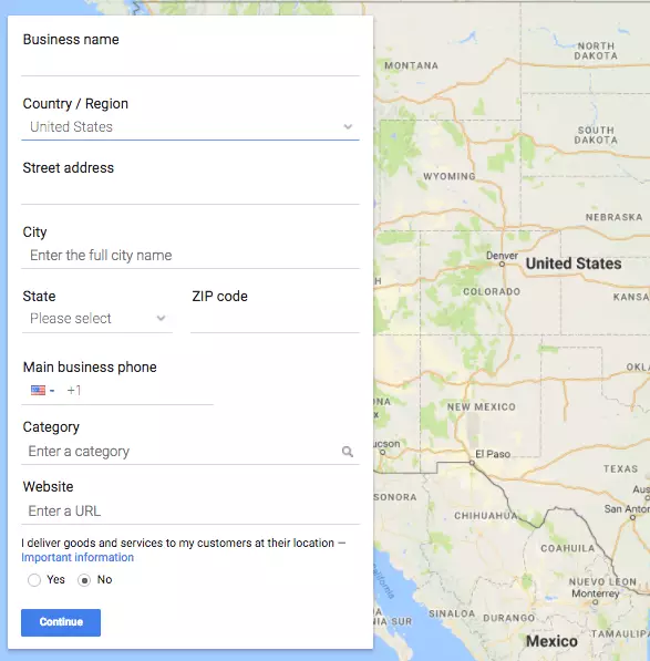 Google my Business's information form 