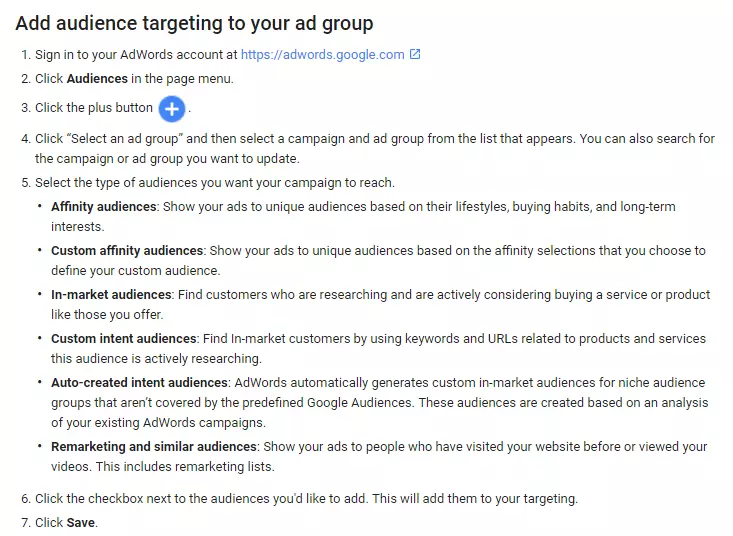Screen-grab of google's instructions to segment your audiences on adwords